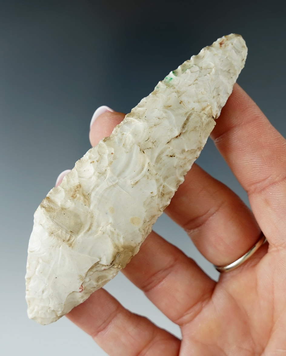 3 15/16" Harahey Knife made from heavily patinated white flint found in Eastern South Dakota.