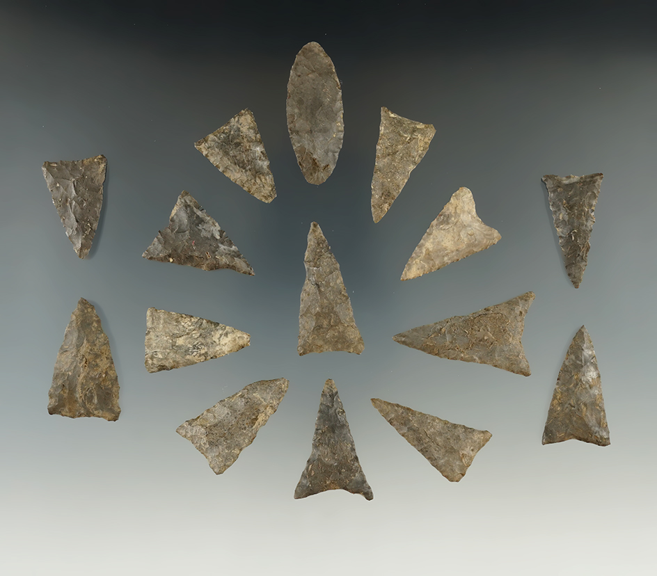 Group of 15 Mississippian triangle points found in Allegheny Co., New York. Largest is 1 5/8".