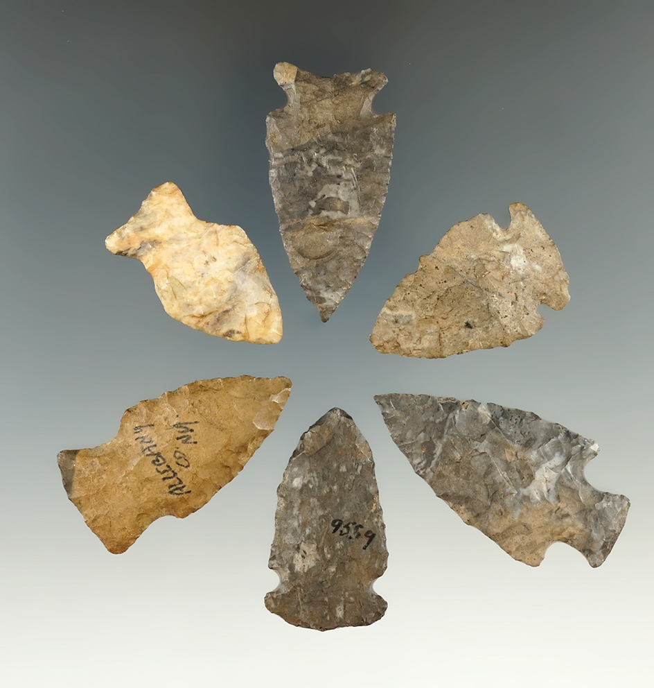 Set of six assorted arrowheads found in New York, largest is 2 3/16".