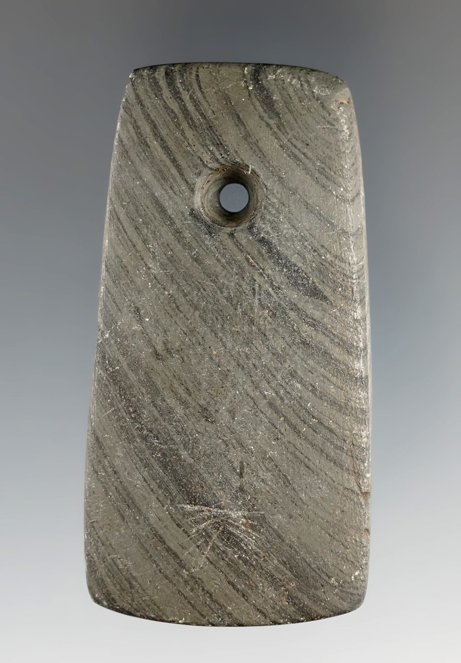 3" Adena Trapezoidal Pendant found in Douglass Twp., Montcalm Co., Michigan. 2 COA's.