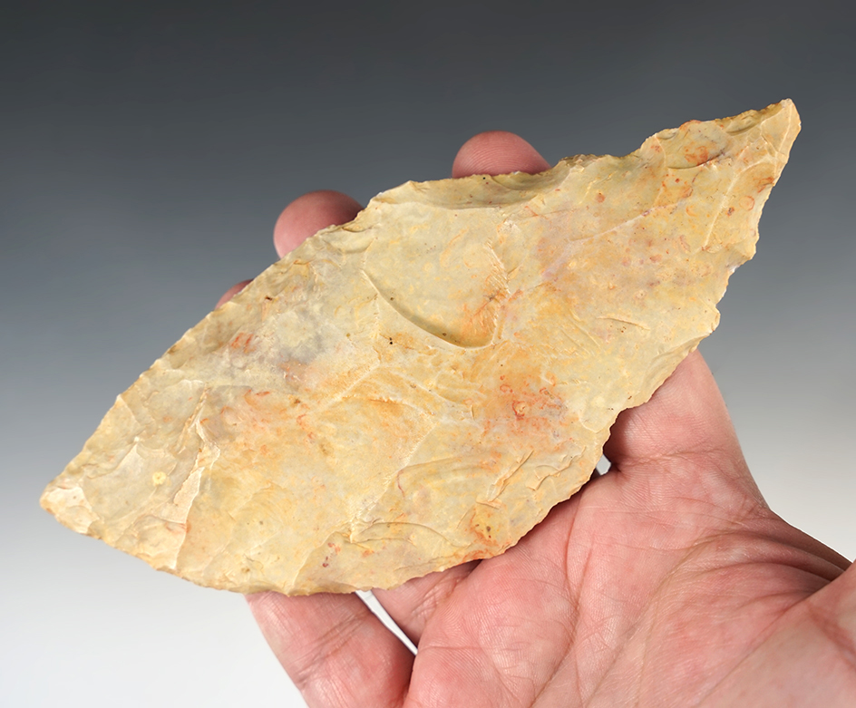 6 1/4" Bi-pointed African Neolithic Blade. Unique Knife made from orange and cream Flint.