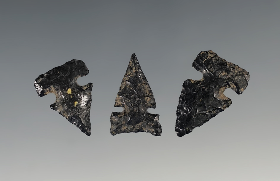 Set of 3 Obsidian Arrowheads made from Obsidian. Found in Twin Falls, Idaho.