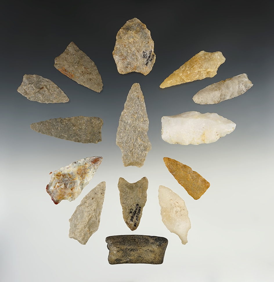 14 Assorted points made from Quartz found in Virginia. The largest is 2 7/8".