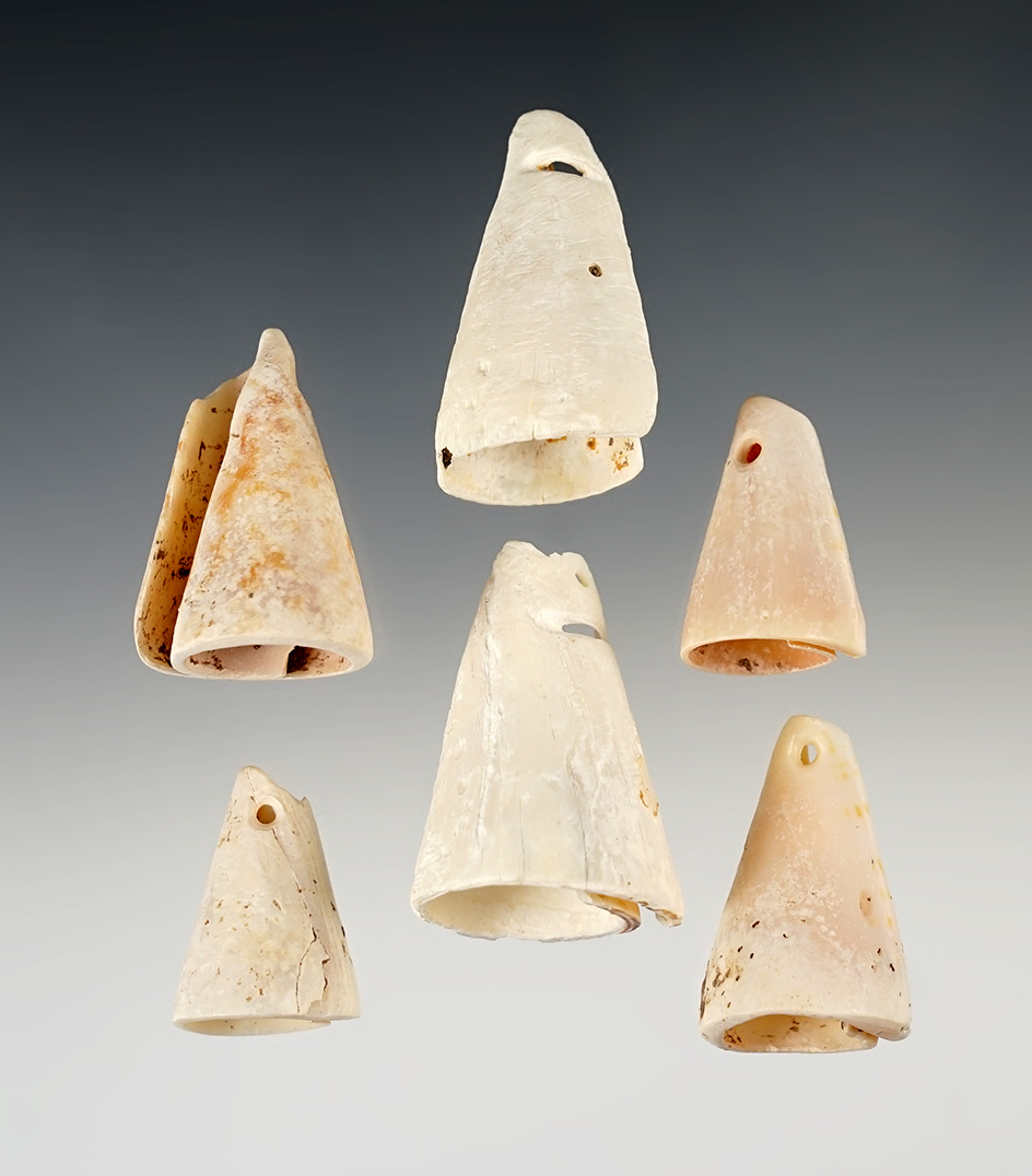 Nice set of 6 Ornamental Shell Cones that were cut and drilled, found in New Mexico.