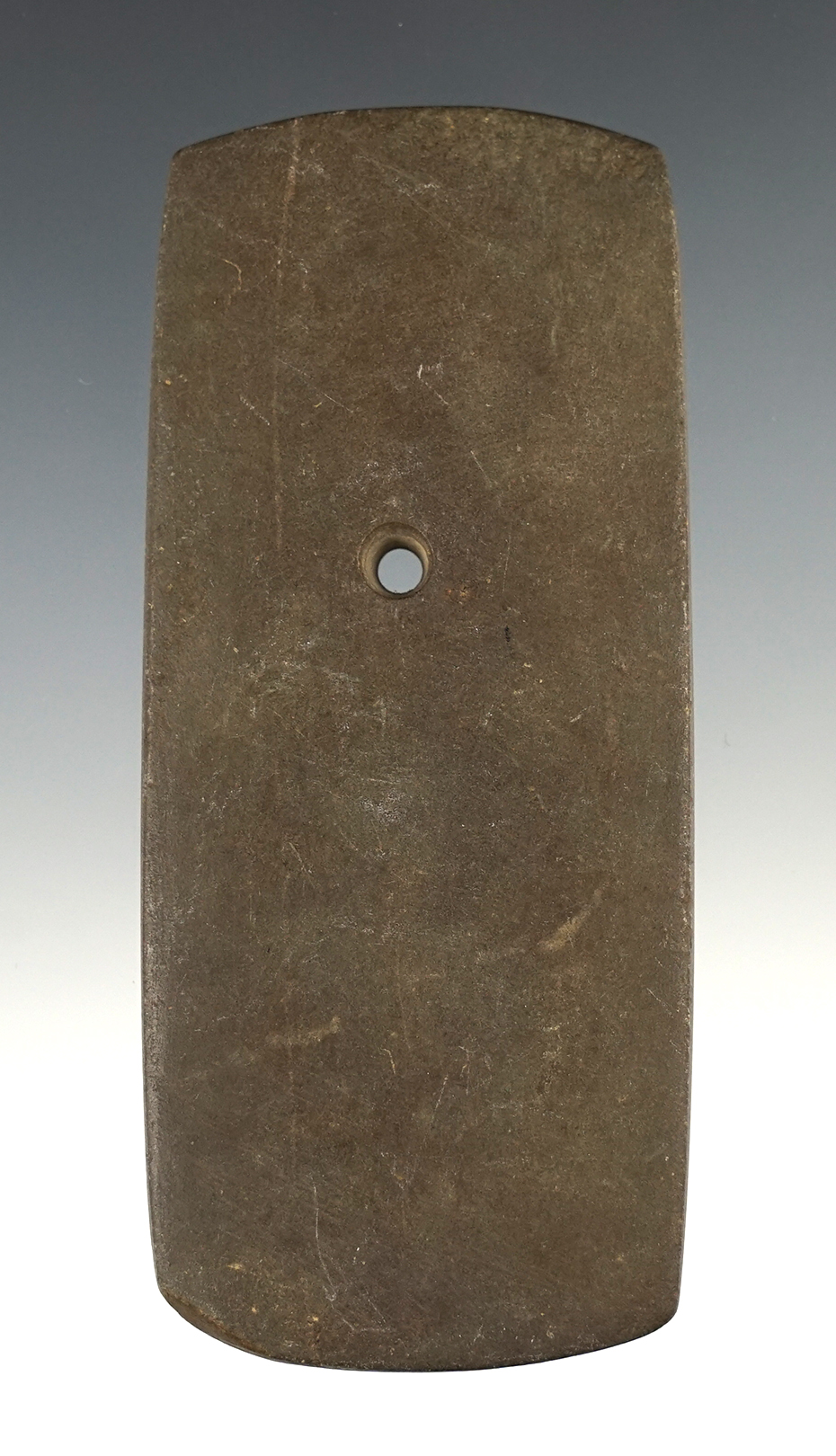 4 1/4" Adena Trapezoidal Pendant made from brown Slate. Found in Dubois Co., Indiana.