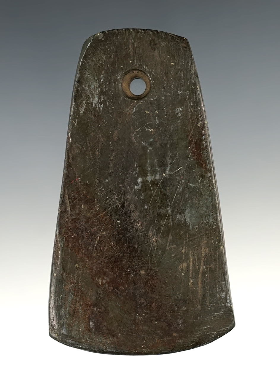 3 7/16" Hopewell Trapezoidal Pendant made from black Slate. Found on Sand Hill in La Porte, IN.