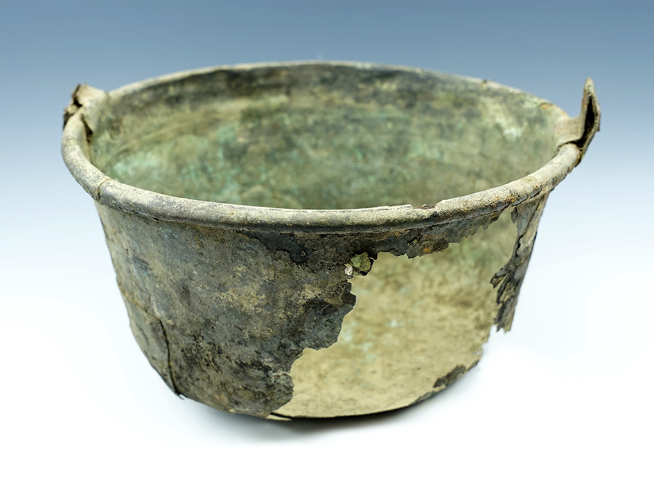 9 7/8" wide mid 1600's Brass Trade Kettle with unique old patching.