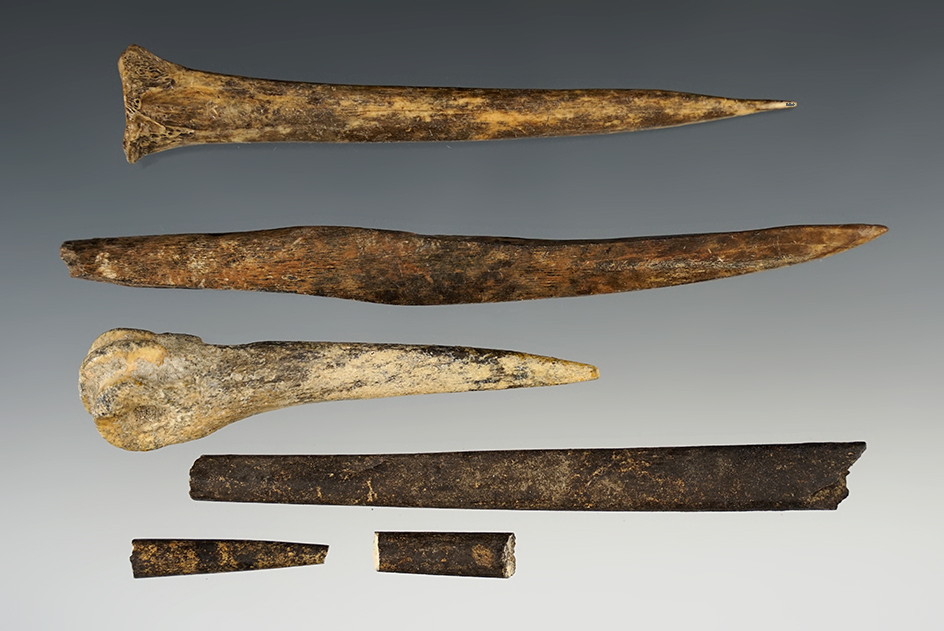 Set of bone artifacts found near the John Day Rapids, Oregon. Largest is 5 7/8".