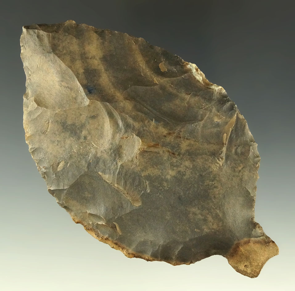 Uniquely styled 4 3/8" Ovoid Tang Knife made from Hornstone found in Indiana. Ex. Dr. Jim Mills.