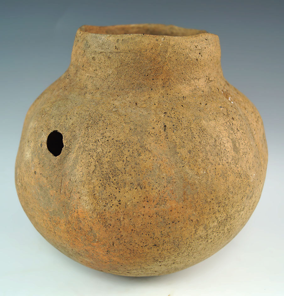 6 1/4" by 6 1/4" wide Mississippian gourd effigy jar - solid with one probe hole - Missouri.