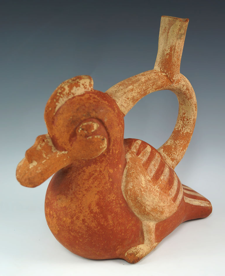 Moche Period III Muscovy Duck effigy stirrup bottle -s 8 1/2"x 8 1/2" in near perfect condition.