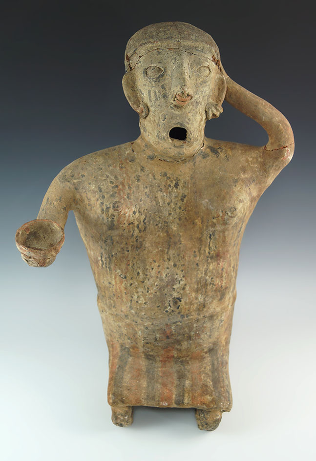 Large 18" tall Nayarit kneeling female figure with cup in hand.  Found in west Mexico. Ex. Pohler.