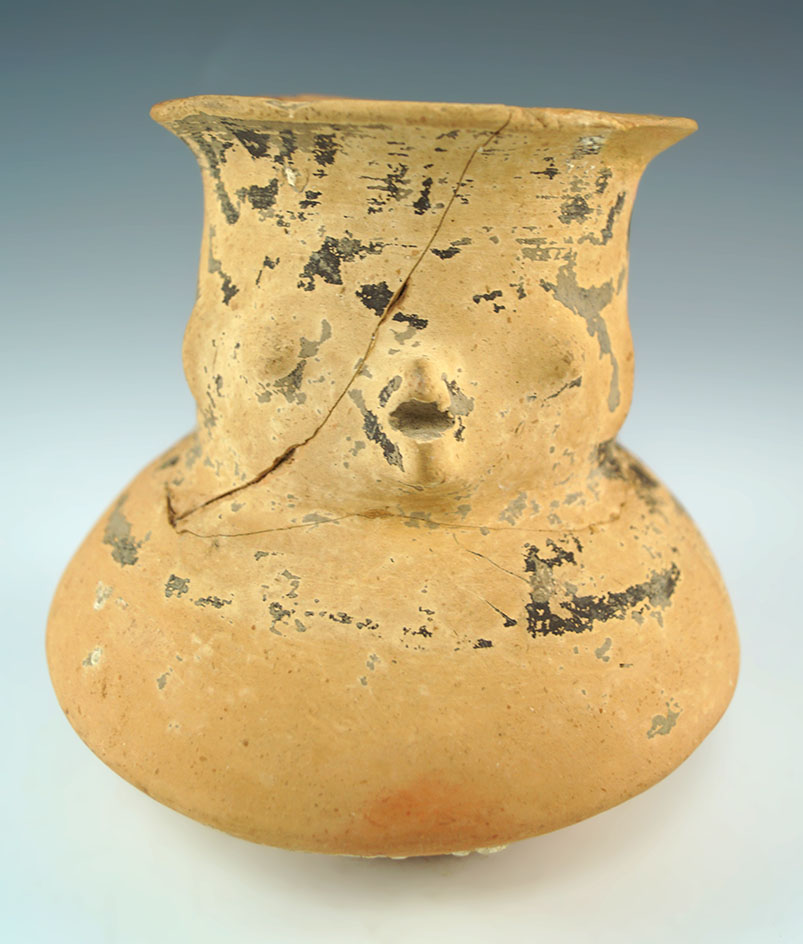 5 1/2" Huasteca bird olla with original asphaltum paint. Mexico. Several pieces reattached.