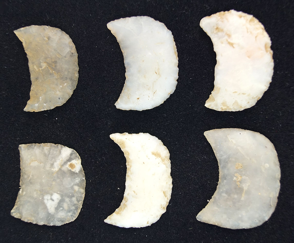 Nice set of 6 crescent scrapers found in New Mexico. Largest is 1 1/4" wide. Collected in 1950s/60s