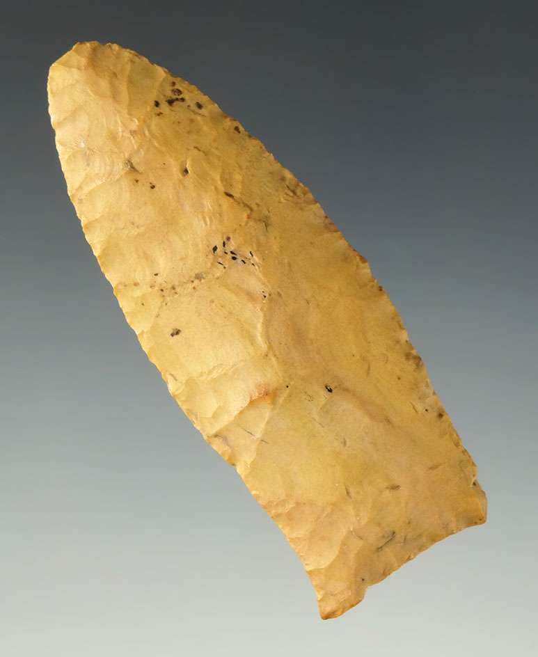 2 3/8" Paleo Lanceolate Dart that Partain types as a fluted Clovis on his COA. Found in  Indiana.