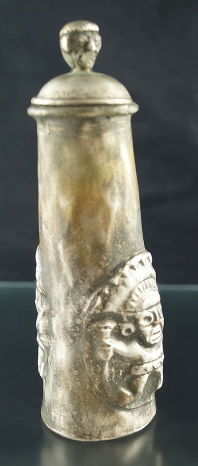 Nickel/silver mixed native metals lime container - shows much use and age. Lid comes off.  Peru.