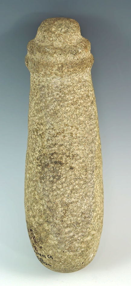Excellent detail on this 6 3/8" tall stone medicine pestle with a stylized top. Shasta County, CA.