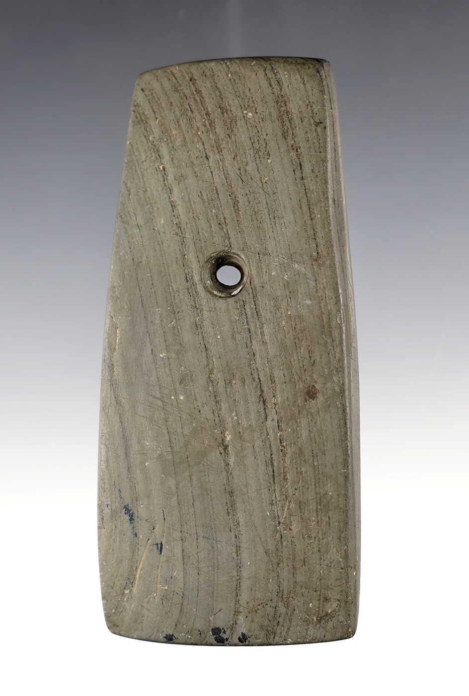 4 1/16" Banded Slate Pendant found in Mason Co., Kentucky. Ex. Wood Sr., Wood Jr., J. Osmon. 
