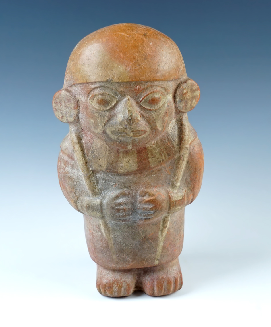7 1/2" tall x 4" wide solid Moche Pre-Columbian male figure. Andean Mountain Region.