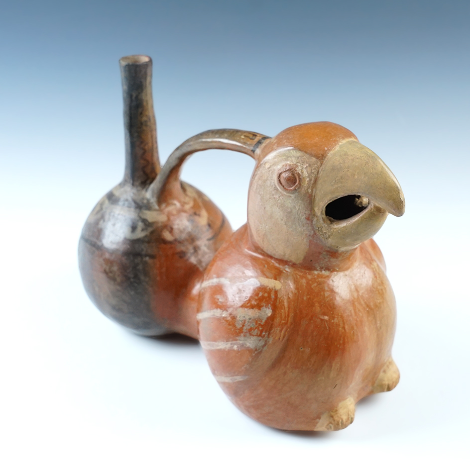 9 1/2" long x 7 1/8" tall parrot effigy Moche Culture stirrup bottle that whistles. 