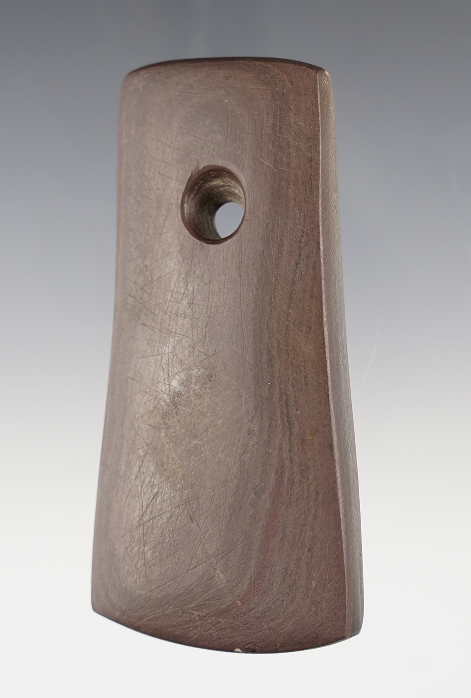 3 5/8" Trapezoidal Pendant made from red Slate. Found in Darke Co., Ohio. Ex. Hooks. 