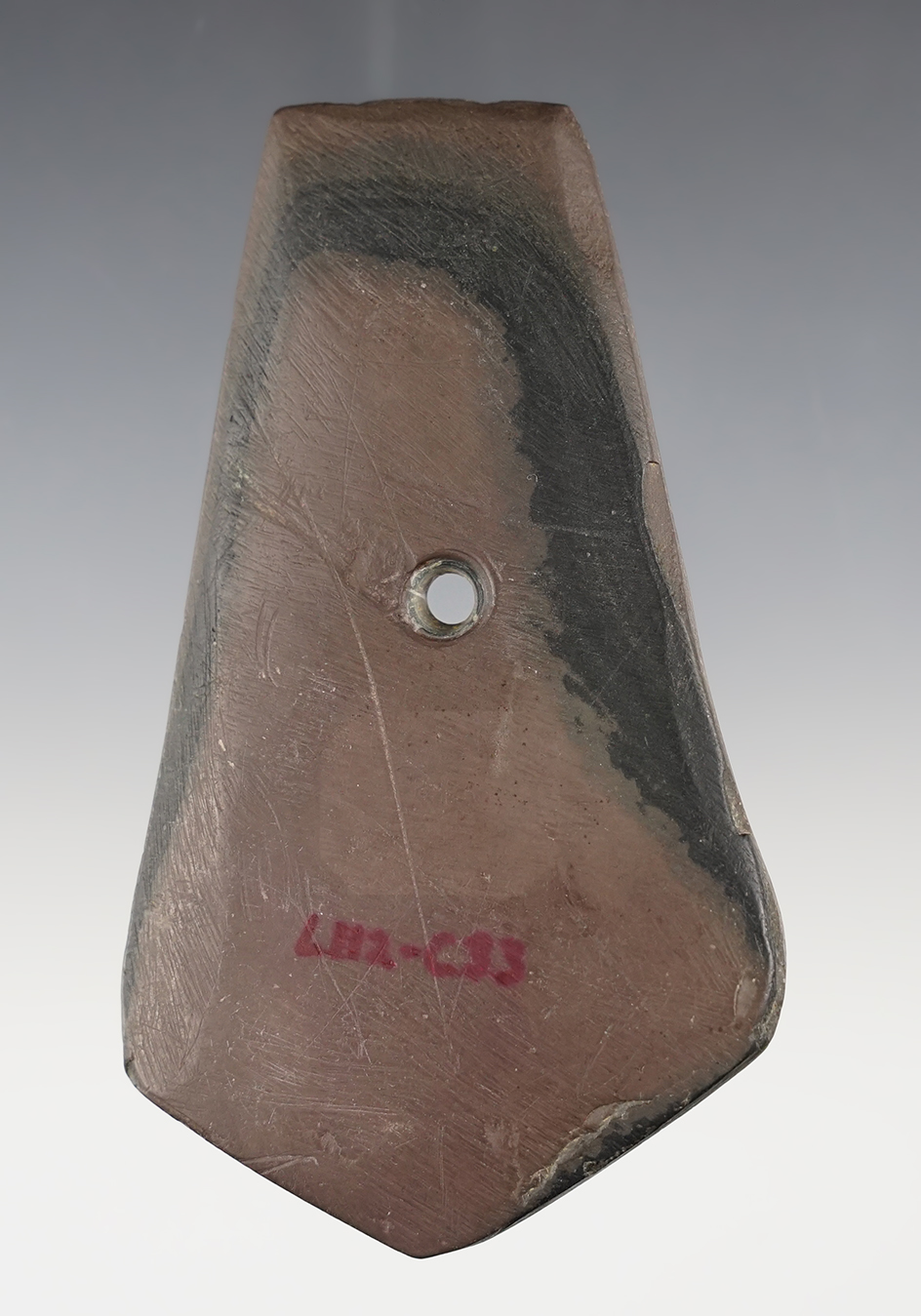 4 1/4" Shield Pendant made from red and black Slate, found in Coshocton Co., Ohio. Ex. Hooks. 