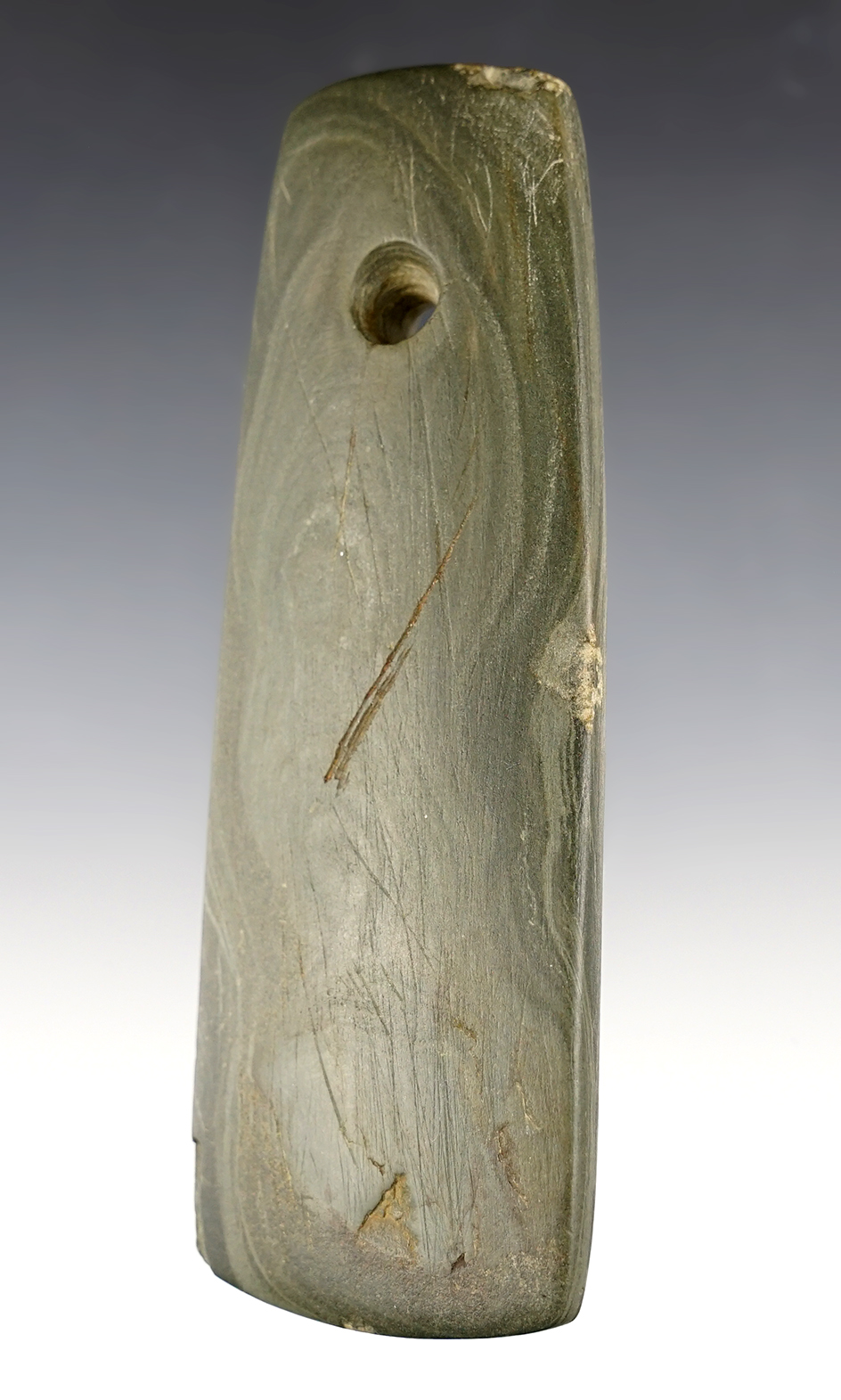 4 3/4" Trapezoidal Pendant made from Banded Slate, found in Miami Co., Ohio. COA. Ex. Hooks. 