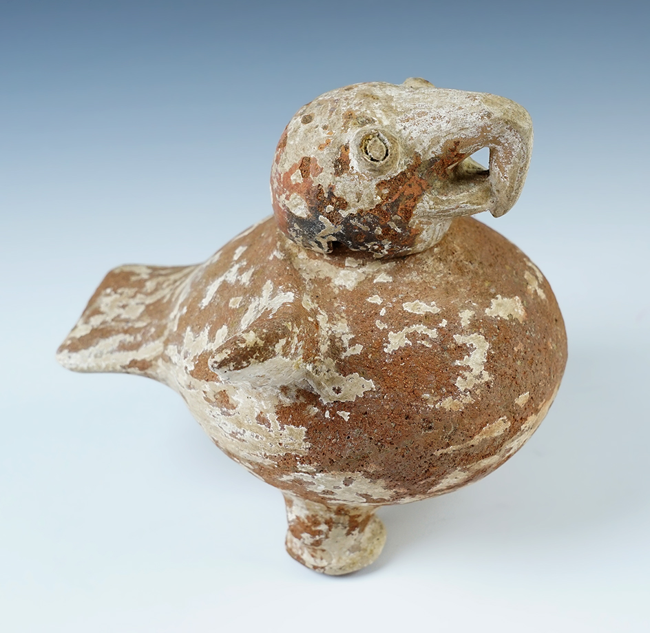 6 1/2" long x 6" tall white falcon effigy pottery vessel with a detachable head area, Costa Rica.