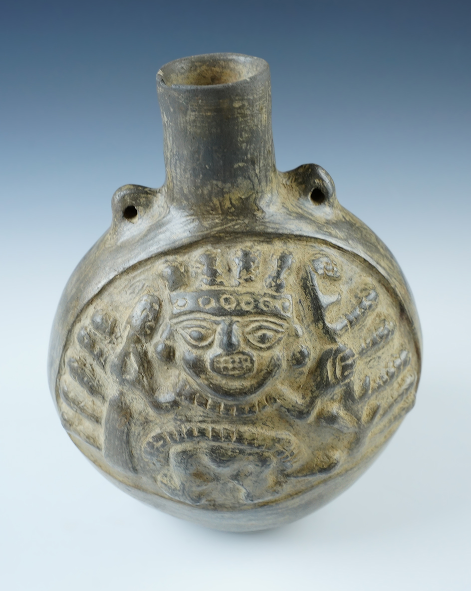 Large 8 3/4" tall x 6 5/8" wide canteen style Chimu Culture Pre-Columbian Bottle in solid condition.