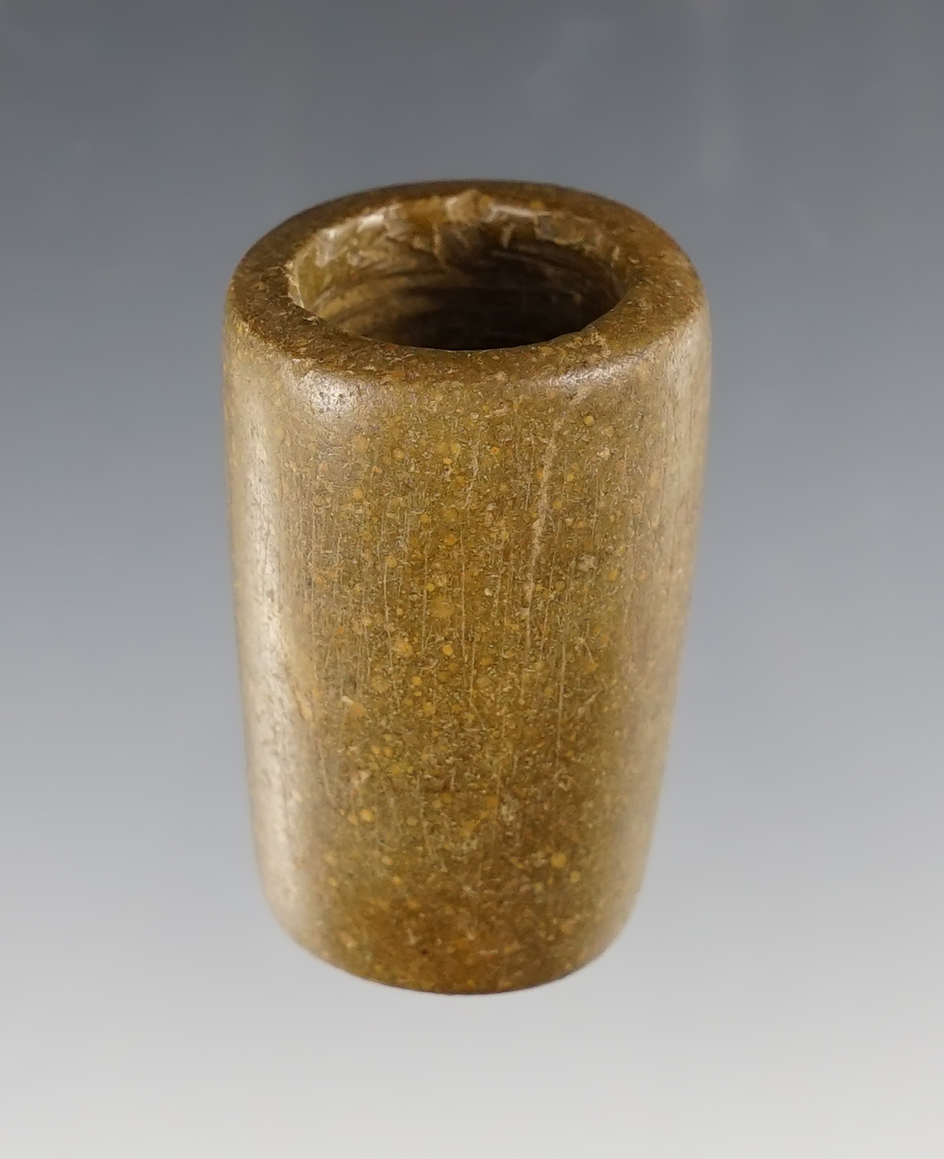 Block-end Tube Pipe 1 5/8" made from patinated Pipestone. Found in Seneca Co., Ohio. Ex. Dunn.