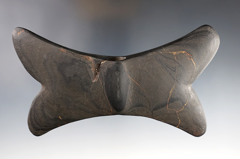 5 1/4" wide x 2 15/16" tall Double Crescent Slate Bannerstone found in Michigan. Pictured!