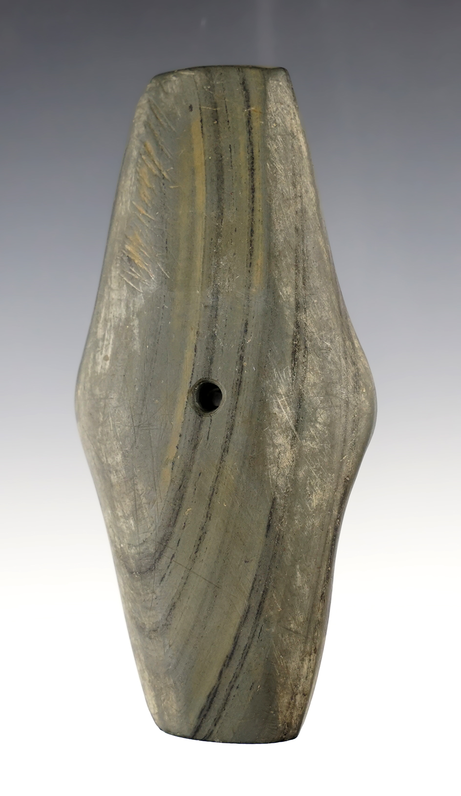 4 5/16" Banded Slate Pendant found in Brookfield, Ohio. Ex. Wood Sr., Wood Jr., James Osmon. 