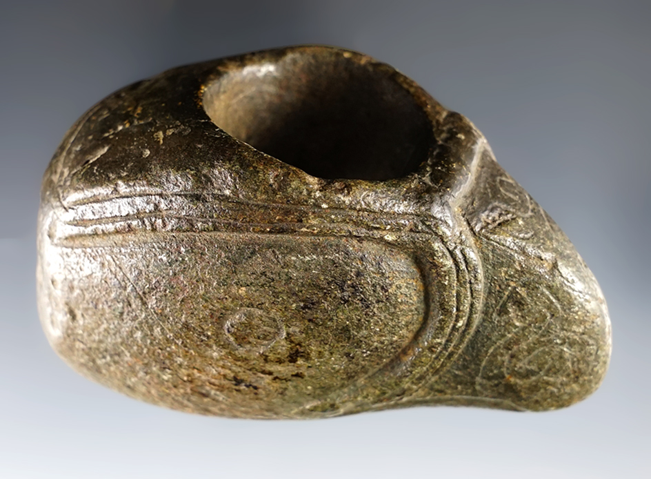 Sale Highlight! 3 3/8" long x 2" tall Bird Effigy Pipe found near the Genesee River, New York. 