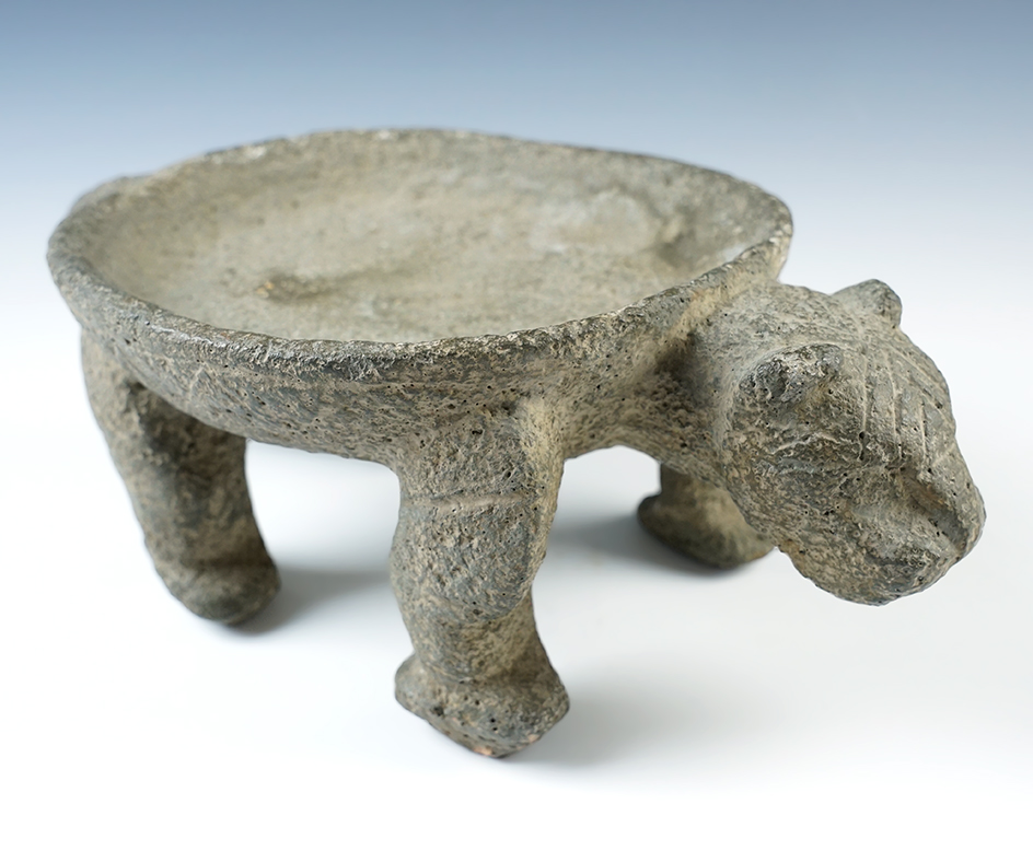 Exceptional! Large 11 1/4" long x 4 1/8" tall Jaguar Effigy Stone Bowl recovered in Costa Rica. 