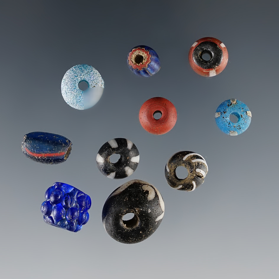 10 rare types of Contact Period trade beads found at the White Springs Site in Geneva, New York. 