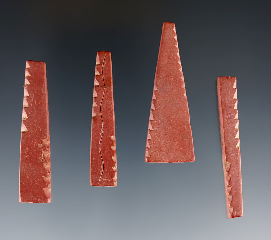 Beautiful set of 4 fully drilled red Slate Beads. One is broken and glued tight, largest is 1 3/4. 