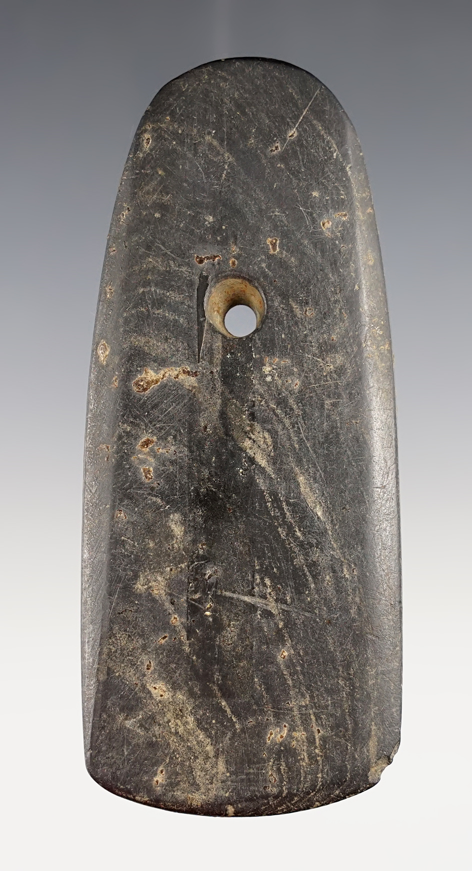 4 5/16" Trapezoidal Pendant with heavy mineral deposits on surface. Found in Indiana.