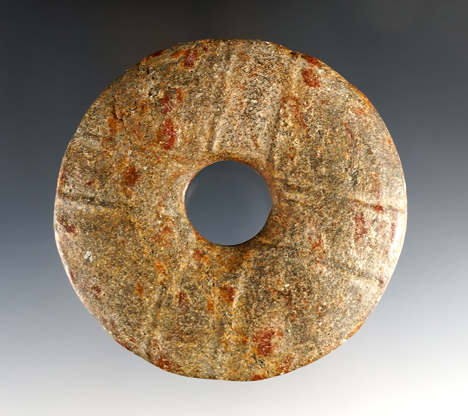 3 5/8" diameter Jade Pi - Neolithic China. Very heavily patinated.