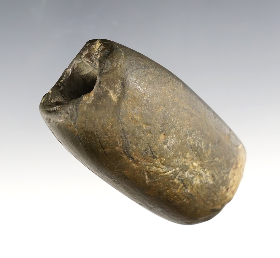 2 3/4" Fluted Tube Bannerstone found in Will Co., Illinois. Made from patinated slate.