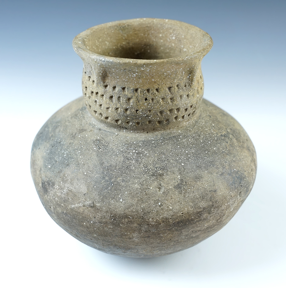 6" wide x 5 3/4" tall Mississippian Short Neck Bottle. One area of restoration on bottom, Arkansas.