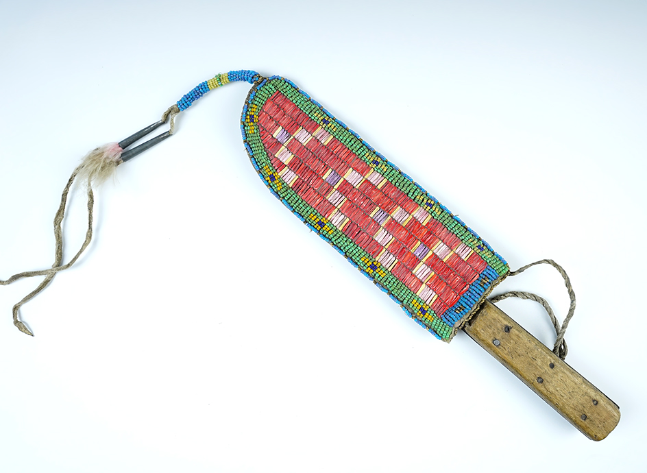 Circa late 1800's Wood Handled Knife with beautifully decorated sinew sewn beaded leather. 