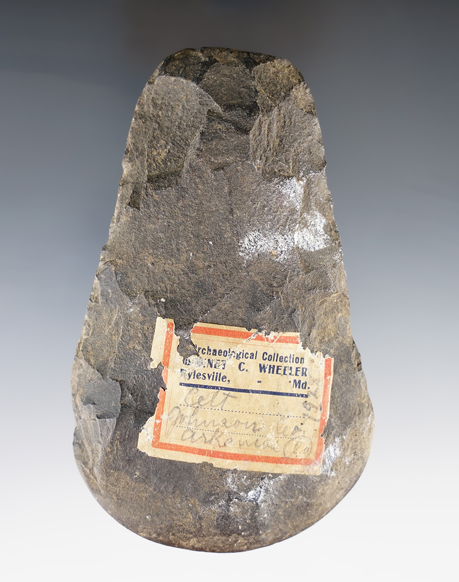 4" Stone Hoe found in Johnson Co., Arkansas.  Has a collector tag dated 1928. Ex. Wheeler.