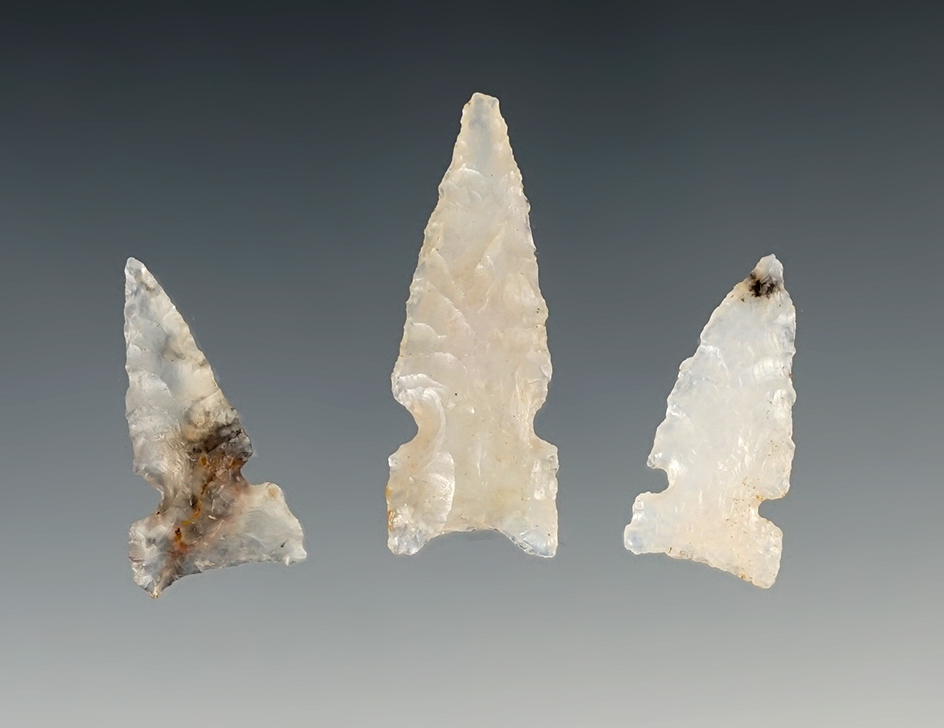 Set of 3 Nice Sidenotch Arrow Points made from beautiful Agate. Found in New Mexico in 1957.