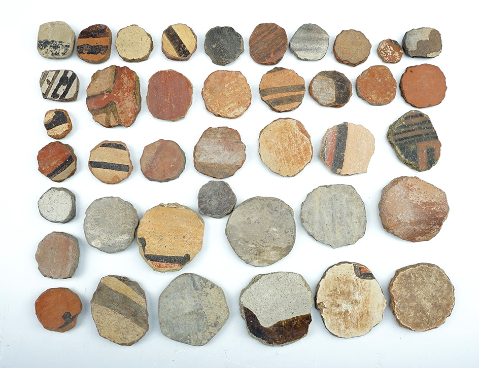 Set of 40 Anciently salvaged pottery discs found in Arizona and New Mexico. Largest is 1 3/4".