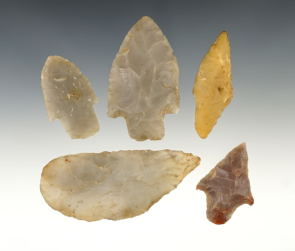Set of 5 nice Arkansas points made from Novaculite. The largest is 3 1/8".