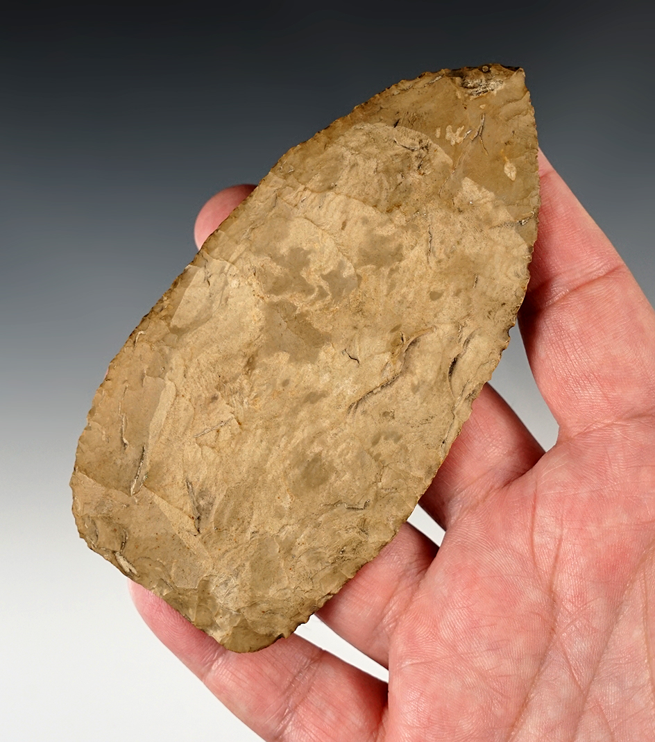 Well made 4 5/8" Blade found in Sagamore Co., Michigan. Made from tan and brown Chert.