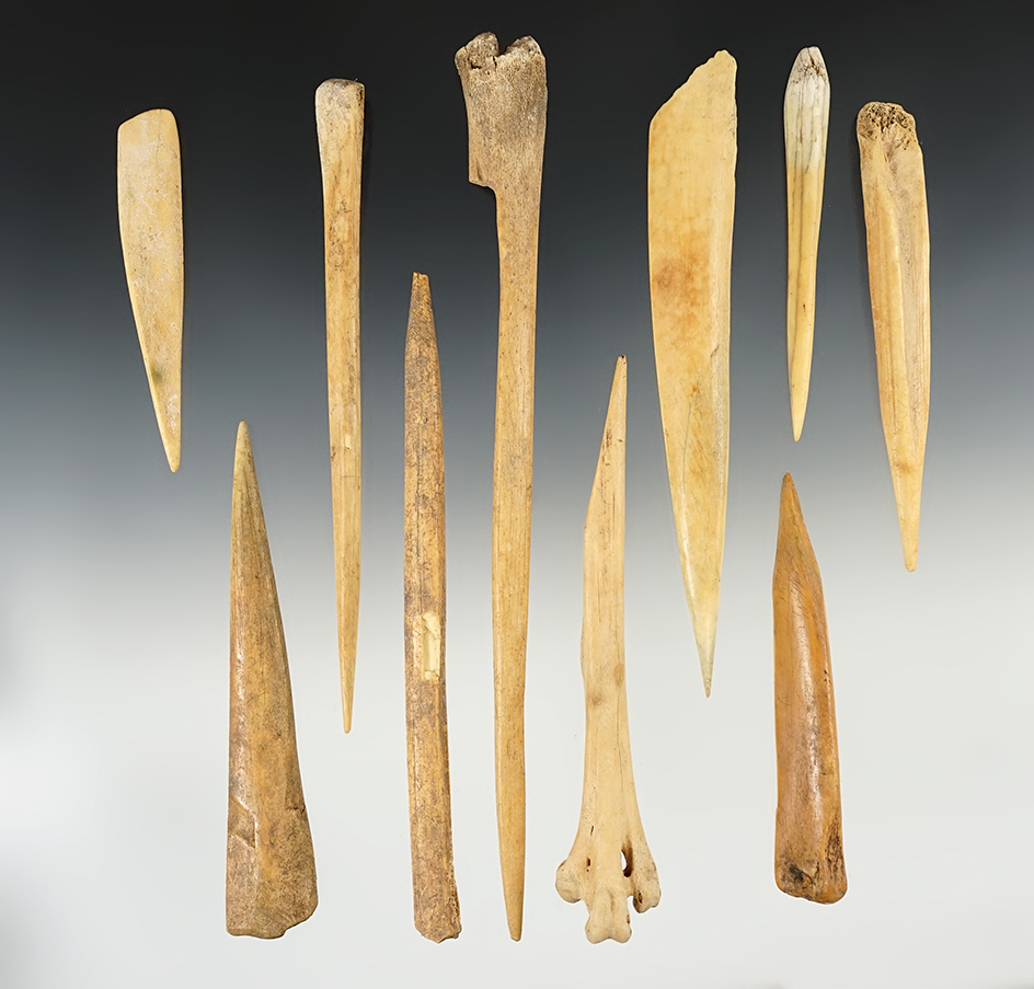 Set of 10 Bone Awls in nice condition, found in New Mexico.