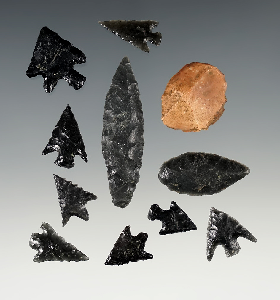 Set of 10 Assorted Obsidian Points and 1 Scraper found near Eugene, Lane Co., Oregon.