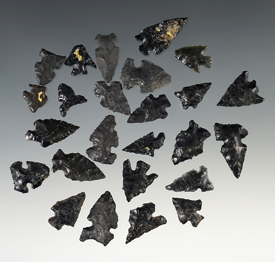 Group of 25 Assorted Arrowheads made from Obsidian and Basalt. Found in Twin Falls, Idaho.