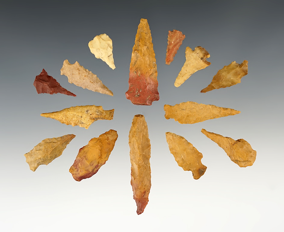 Set of 14 nice Points found in Natchez, Mississippi. The largest is 1 3/4". Ex. W. K. Moorehead.